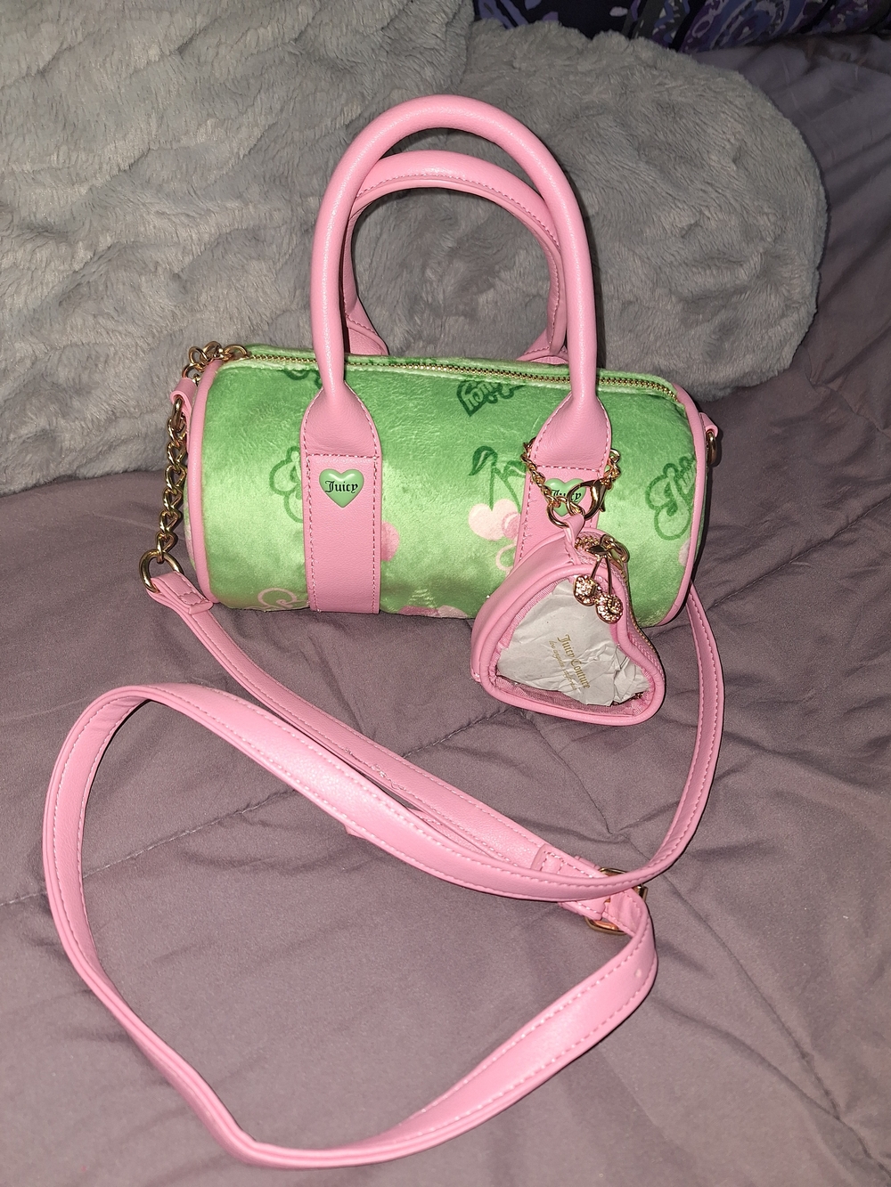 EXCLUSIVE Juicy Couture Green Velvet Mini Barrel Bag with Pink Trim